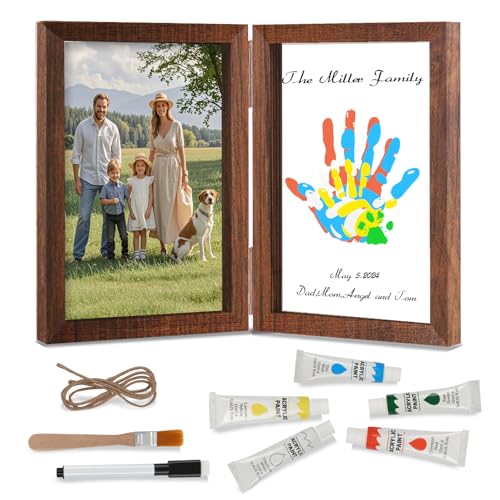 Nabance Handabdruck Set Familie für 4, Bastel Bilderrahmen aus Holz Handabdruck Baby Fotorahmen Set Fingerfarben Kinder Ungiftig Pfotenabdruck set Hund DIY Geschenke mit 4 Blätter-Braun von Nabance