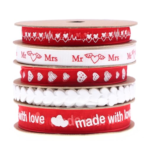 5Rollen Dekoband Rot/Weiß Geschenkbänder Ripsband Geschenk Kuchenverpackung Valentinstag und Hochzeit Party DIY 5M von Nabeta Deco