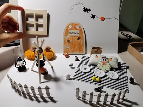Puppenhaus Miniatur Halloween Dekoration Holz Wichteltür Komplettset Zubehör Garten Thema Spinne Fledermäuse Kürbis-Elfe Geist DIY Dekoration Geschenke von Nabeta Deco