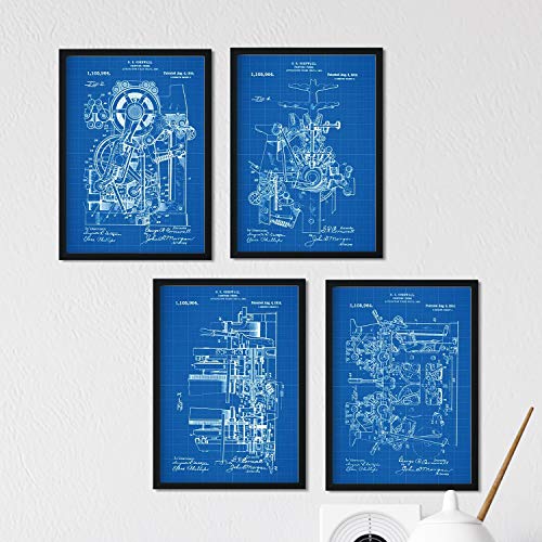 Nacnic Blau Druckerei Patent Poster 4-er Set. Vintage Stil Wanddekoration Abbildung von Druckpresse und Büro Maschinen. Verschiedene geometrische Alte Erfindungen Bilder ohne Rahmen. Größe A4. von Nacnic