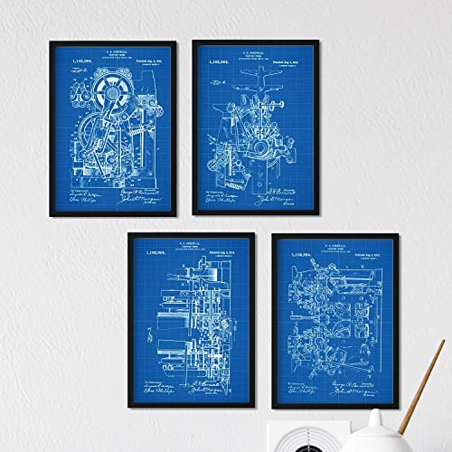 Nacnic Blau Druckerei Patent Poster 4-er Set. Vintage Stil Wanddekoration Abbildung von Druckpresse und Büro Maschinen. Verschiedene geometrische Alte Erfindungen Bilder ohne Rahmen. Größe A4. Nacnic Blau Druckerei Patent Poster 4-er Set. Vintage Stil Wanddekoration Abbildung von Druckpresse und Büro Maschinen. Verschiedene geometrische Alte Erfindungen Bilder ohne Rahmen. Größe A4. von Nacnic