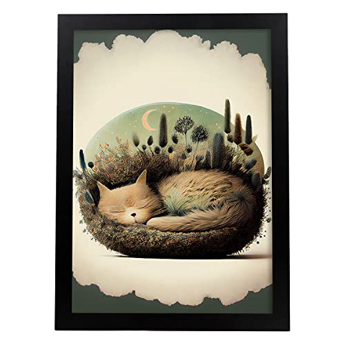 Nacnic Katzenwald Poster im Präzisionsstil. Illustrationen süßer schlafender Tiere in warmen Farben für Kinderzimmer. Innenarchitektur und Dekoration. A4. von Nacnic