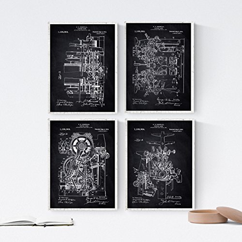 Nacnic Schwarz Druckerei Patent Poster 4-er Set. Vintage Stil Wanddekoration Abbildung von Druckpresse und Büro Maschinen. Verschiedene geometrische Alte Erfindungen Bilder ohne Rahmen. Größe A4. von Nacnic