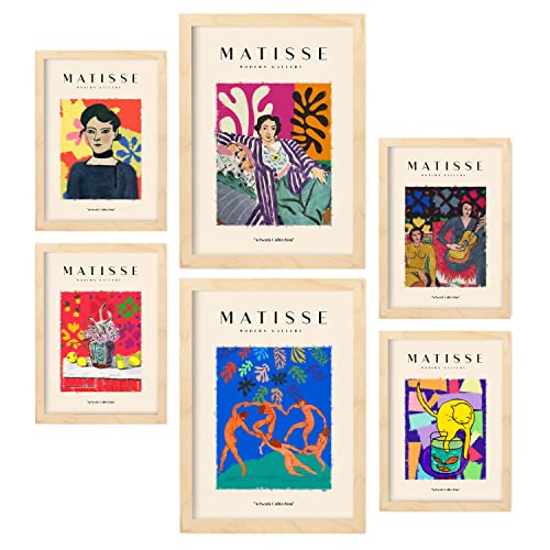 Nacnic Set mit 6 Henri Matisse Postern. Feier. Drucke des Fauvismus und der abstrakten Kunst für Innenarchitektur und Dekoration. A3 & A4 Holzfarbe Rahmen. von Nacnic