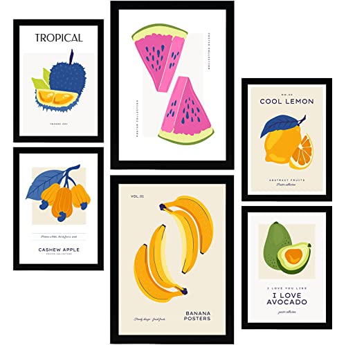 Nacnic Set mit 6 Lebensmittel- und Ernährungs Postern. Bunte Früchte. Natur- und Ernährungsposter für Innenarchitektur und Dekoration. Tamaños A3 & A4, Marco Negro. von Nacnic