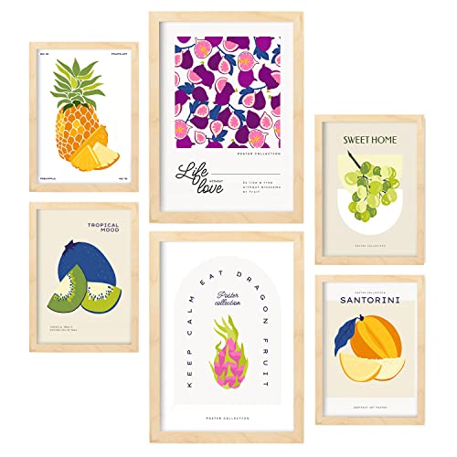 Nacnic Set mit 6 Lebensmittel- und Ernährungs Postern. Süße Früchte. Natur- und Ernährungsposter für Innenarchitektur und Dekoration. A3 & A4 Holzfarbe Rahmen. von Nacnic