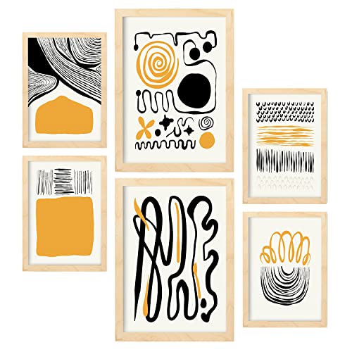 Nacnic Set mit 6 Postern in schwarzer Tinte. Emotionen. Künstlerische und abstrakte Drucke für Innenarchitektur und Dekoration. A3 & A4 Holzfarbe Rahmen. von Nacnic
