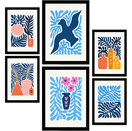 Nacnic Set mit 6 minimalistischen Postern in leuchtenden Farben. Blaue Blätter. Drucke von Landschaften und Natur für Innenarchitektur und Dekoration. A3 & A4 Schwarze Rahmen. von Nacnic