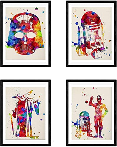 Nacnic Premium-Set mit 4 Postern mit Star Wars-Motiven | Bilderbögen mit Illustrationen aus dem Film Star Wars | Darth Vader, Yoda, R2-D2 und C3PO / A4-Format (21x29,7cm) mit schwarzem Rahmen / von Nacnic