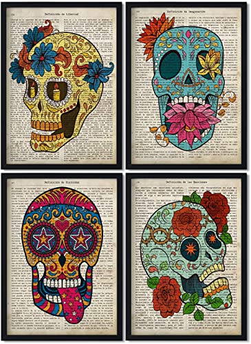 Nacnic Premium-Set mit 4 Postern mit mexikanischen Totenköpfen | Bilderbögen mit bunten Skelettillustrationen / A4-Format (21x29,7cm) mit schwarzem Rahmen / von Nacnic