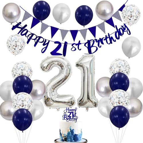 21 Geburtstag Deko Blau Silber Deko 21. Geburtstag Mann Frau mit Banner 21 Geburtstag Girlande Zahl 21 Luftballons 21. Geburtstag Tortendeko Silber Blaue Party Ballons für 21 Jahre Geburtstagsdeko 21 von Nacori