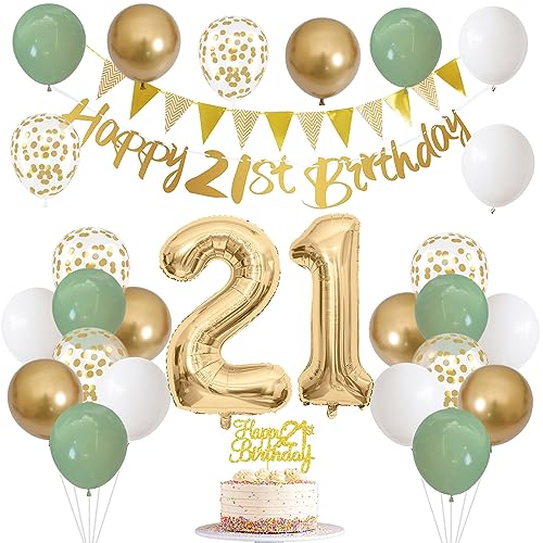 21 Geburtstag Deko Frauen Manner, 21. Geburtstags Banner Girlande mit Luftballons 21. Geburtstag Grün Weiß Gold Party Ballons Tortendeko 21 für Geburtstagsdeko 21 Jahre Dekoration von Nacori