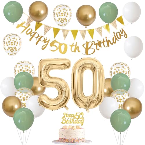 50 Geburtstag Deko Salbeigrüne Deko 50. Frau Mann mit Banner 50 Geburtstag Girlande Zahl 50 Luftballons Tortendeko Grün Weiß Gold Party Ballons für 50 Jahre Geburtstagsdeko von Nacori