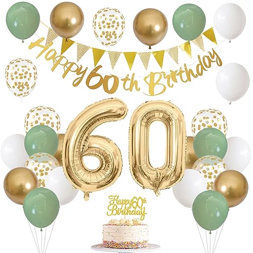 Nacori 60. Geburtstag Deko Salbeigrün - Girlande, Banner, Tortendeko, Luftballons & Konfetti in Grün, Weiß, Gold für Frau & Mann - Party Dekoration für 60. Geburtstag von Nacori