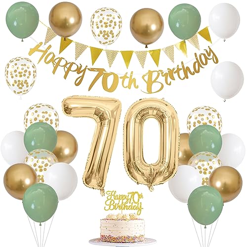 70. Geburtstag Deko Salbeigrüne Deko 70 Geburtstag Frau Mann mit Banner 70 Geburtstag Girlande Zahl 70 Luftballons Geburtstag Tortendeko Grün Weiß Gold Party Ballons für 70 Jahre Geburtstagsdeko von Nacori