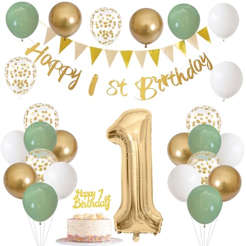 Deko 1. Geburtstag Junge Mädchen Salbeigrüne Deko 1 Jahr mit Girlande 1. Geburtstag Banner Zahl Luftballons 1. Tortendeko Grün Weiß Gold Party Ballons für Geburtstagsdeko 1 Jahr von Nacori