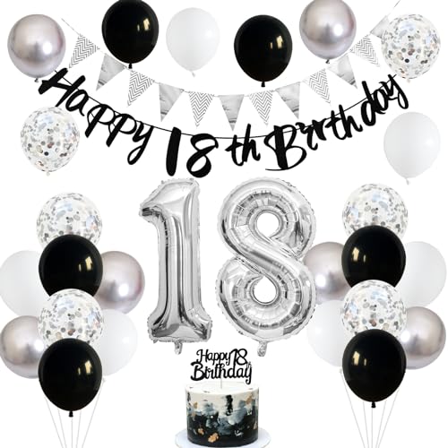 Nacori 18. Geburtstag Deko Set Schwarz Silber - Banner, Wimpelkette, Tortendeko, Luftballons, Konfetti - Party Dekoration für Jungen und Mädchen von Nacori