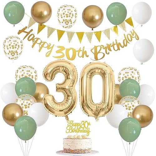 Geburtstagsdeko 30 Frau Männer Salbeigrüne Deko 30. mit Banner 30. Geburtstag Girlande Zahl 30 Luftballons Grün Weiß Gold Party Ballons Tortendeko für 30 Geburtstag Dekoration von Nacori
