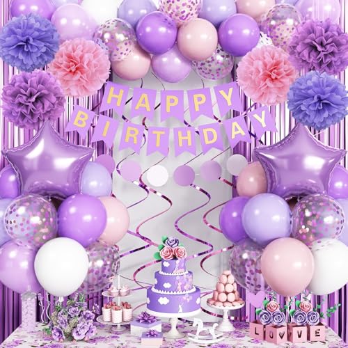 Geburtstagsdeko Lila Rosa Mädchen Deko Geburtstag Rosa Violett Pink Luftballons Geburtstag Pastell Lila Party Deko Happy Birthday Banner Lametta Vorhang für Frauen Schmetterling Geburtstags Deko von Nacori
