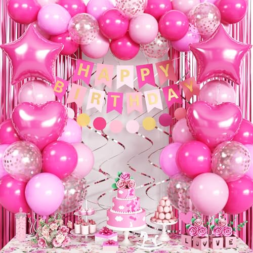 Geburtstagsdeko Pink Mädchen Deko Geburtstag Rosa, Luftballons Geburtstag Perl Hellrosa Pinke Party Deko Happy Birthday Banner Lametta Vorhang für Frauen Prinzessin Geburtstags Party Deko von Nacori