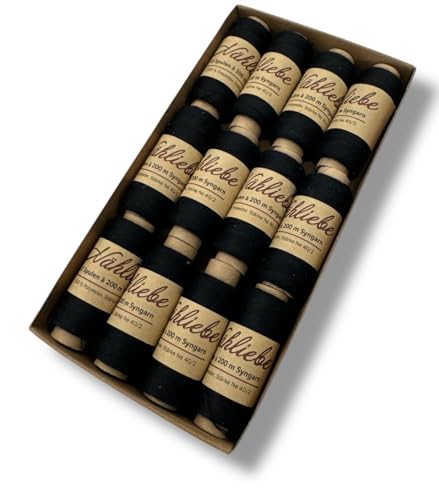 Nähmit - NÄHLIEBE Syngarn - 12 x 200m Nähmaschinengarn 100% Polyester Nähgarn Set für Ihre Nähmaschine (01 - Schwarz) von Nähmit