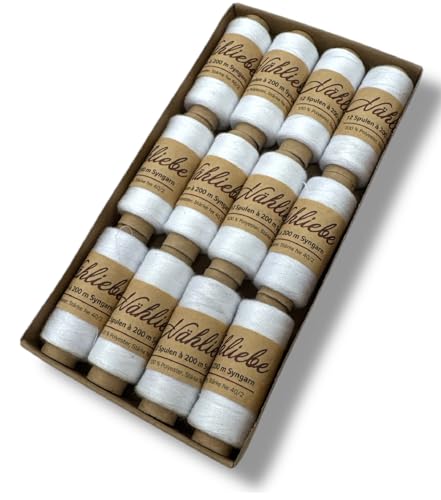 Nähmit - NÄHLIEBE Syngarn - 12 x 200m Nähmaschinengarn 100% Polyester Nähgarn Set für Ihre Nähmaschine (02 - Weiss) von Nähmit