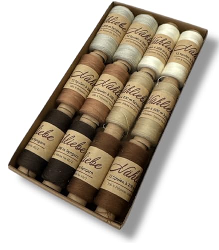 Nähmit - NÄHLIEBE Syngarn - 12 x 200m Nähmaschinengarn 100% Polyester Nähgarn Set für Ihre Nähmaschine (03 - Natur) von Nähmit