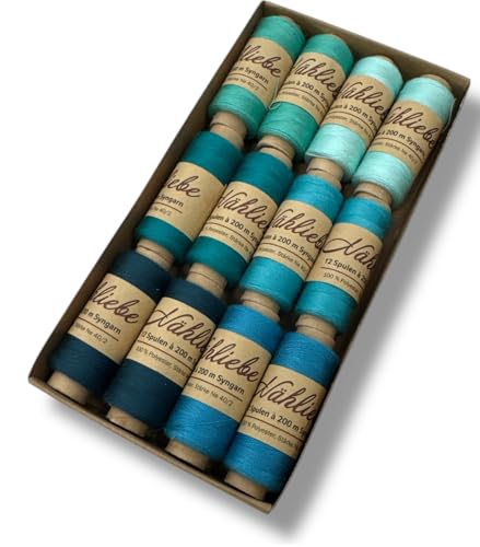 Nähmit - NÄHLIEBE Syngarn - 12 x 200m Nähmaschinengarn 100% Polyester Nähgarn Set für Ihre Nähmaschine (08 - Ocean) von Nähmit