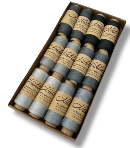 Nähmit - NÄHLIEBE Syngarn - 12 x 200m Nähmaschinengarn 100% Polyester Nähgarn Set für Ihre Nähmaschine (10 - Grau) von Nähmit