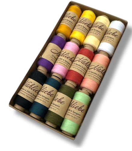 Nähmit - NÄHLIEBE Syngarn - 12 x 200m Nähmaschinengarn 100% Polyester Nähgarn Set für Ihre Nähmaschine (12 - Trendfarben) von Nähmit