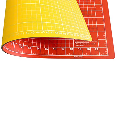 Schneidematte A2 7-lagig mit cm und inch Skala zum Nähen, Basteln und Quilten (60 x 45 cm) (orangerot/gelb) von Nähwelt Flach
