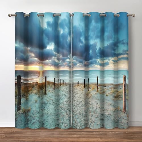 Nahida Kinder Vorhänge für Jungen & Mädchen Fenster,Blickdicht kurz Vorhang mit ösen für Wärmedämmung Kälteschutz,Meer, Strand, Blauer Himmel,Lärmreduzierung Beschattung Gardine für Schlafzimmer von Nahida