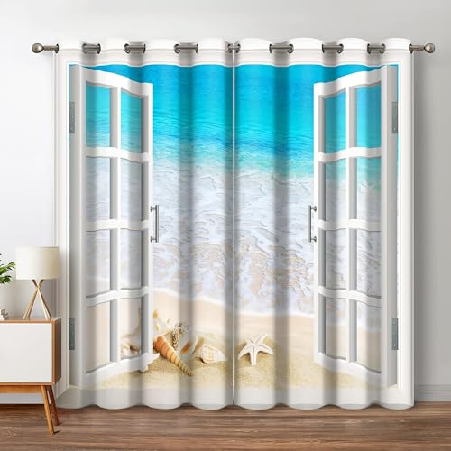 Nahida Kinder Vorhänge für Jungen & Mädchen Fenster,Blickdicht kurz Vorhang mit ösen für Wärmedämmung Kälteschutz,Meer, Strand, Seesterne,Lärmreduzierung Beschattung Gardine für Schlafzimmer von Nahida