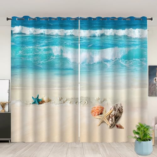 Nahida Kinder Vorhänge für Jungen & Mädchen Fenster,Blickdicht kurz Vorhang mit ösen für Wärmedämmung Kälteschutz,Meer, Strand, Seesterne,Lärmreduzierung Beschattung Gardine für Schlafzimmer von Nahida