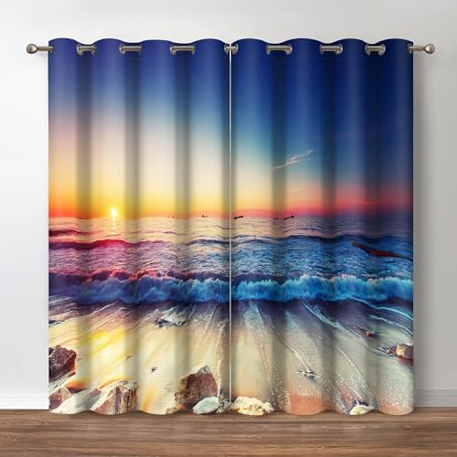 Nahida Kinder Vorhänge für Jungen & Mädchen Fenster,Blickdicht kurz Vorhang mit ösen für Wärmedämmung Kälteschutz,Sonnenuntergang, Meer, Strand,Lärmreduzierung Beschattung Gardine für Schlafzimmer von Nahida