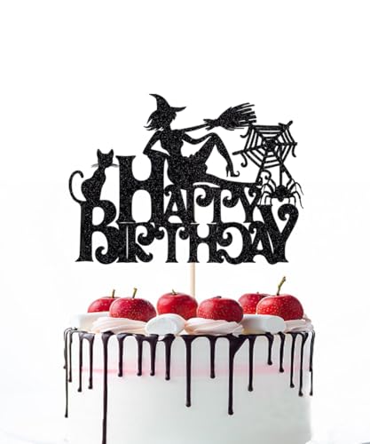 Naicaek Halloween Happy Birthday Cake Topper Glitter Witch Cake Pick for Halloween Themed Cake Decoration Birthday Party Supplies von Naicaek
