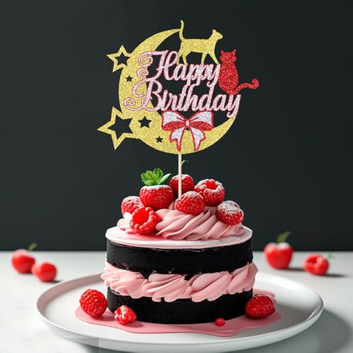 Naicaek Tortenaufsatz mit Mondkatze "Happy Birthday", Schleife, Kokette, Geburtstagsparty, Kuchendekoration, glitzerndes Katzenmädchen-Kuchenzubehör Naicaek Tortenaufsatz mit Mondkatze "Happy Birthday", Schleife, Kokette, Geburtstagsparty, Kuchendekoration, glitzerndes Katzenmädchen-Kuchenzubehör von Naicaek