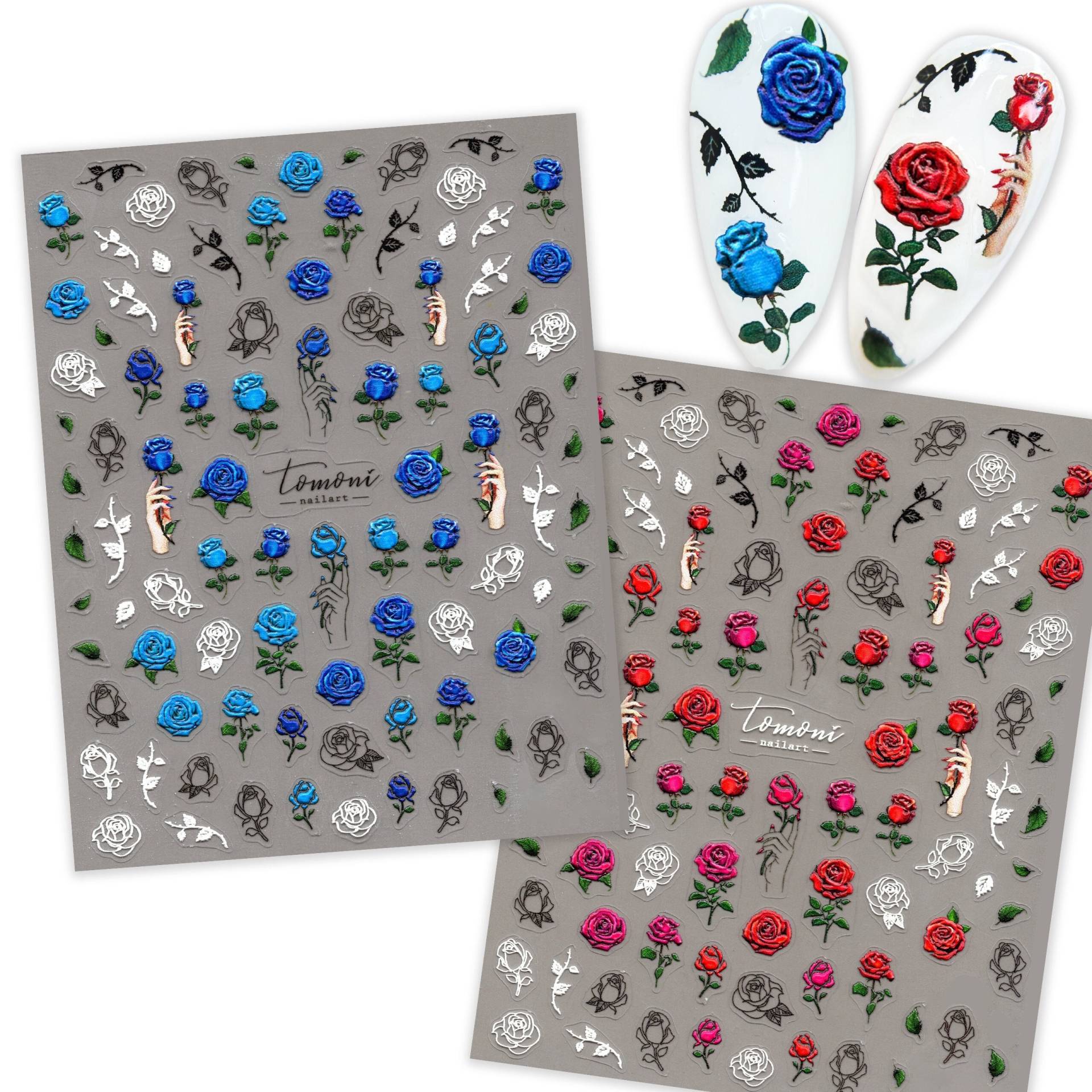 2 Blatt 5D Rosen Nail Art Sticker | Blaue & Rote Mit Hand Nagel Abziehbilder Rose Vine Selbstklebender von NailQueenNYC