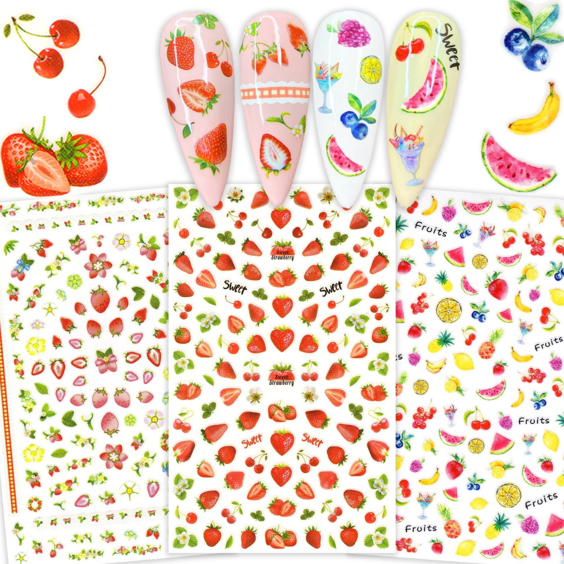 3 Blatt Erdbeerfeld Aquarell Obst Nail Art Aufkleber | Kirsche Banane Wassermelone Blaubeere Zitrone Eisbecher Dessert Nagel Abziehbilder Diy 3 Blatt Erdbeerfeld Aquarell Obst Nail Art Aufkleber | Kirsche Banane Wassermelone Blaubeere Zitrone Eisbecher Dessert Nagel Abziehbilder Diy von NailQueenNYC