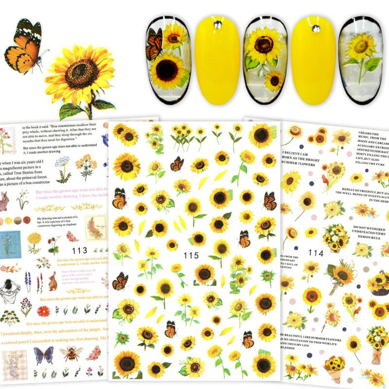 3 Blatt Sonnenblumen Daisy Frühling Sommer Nail Art Sticker | Selbstklebende Nagel Aufkleber Blumen Tagebuch Sonnenblume Garten & Schmetterling von NailQueenNYC
