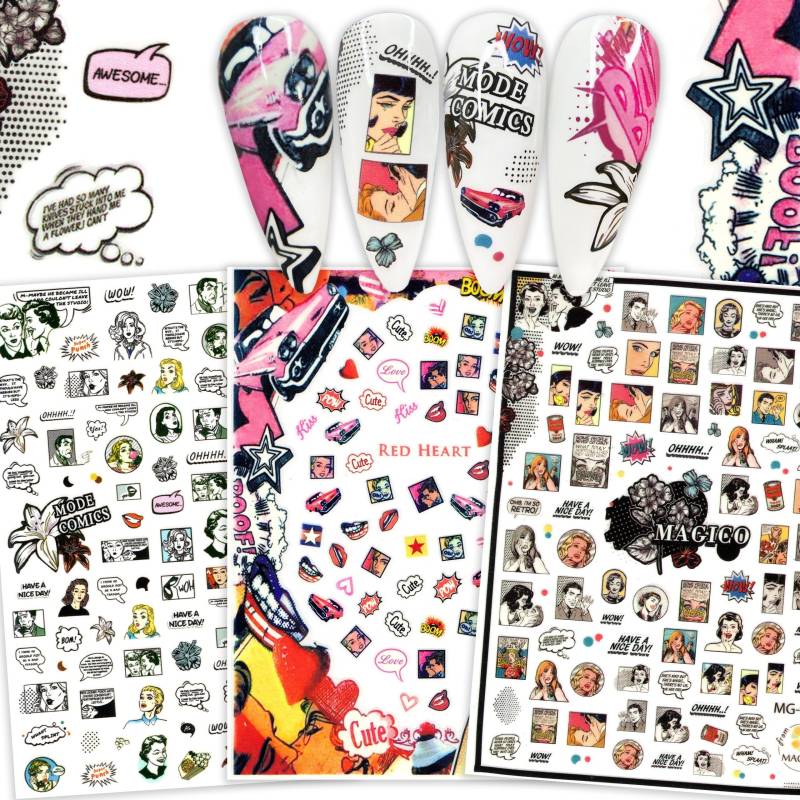 3 Bögen Comic Pow Nailart Sticker | Selbstklebende Nagel Aufkleber Pop Art Wow Text Box Spaß Buch Retro American Girl Power Nail Design von NailQueenNYC