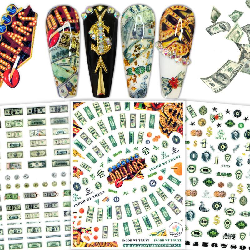 3 Bögen Rich Girls Club Geld Dollars Nail Art Sticker | Kasino Vibes Grüne Dollar Münzen Geldmuster Nagel Aufkleber Für Nageldekorationen von NailQueenNYC