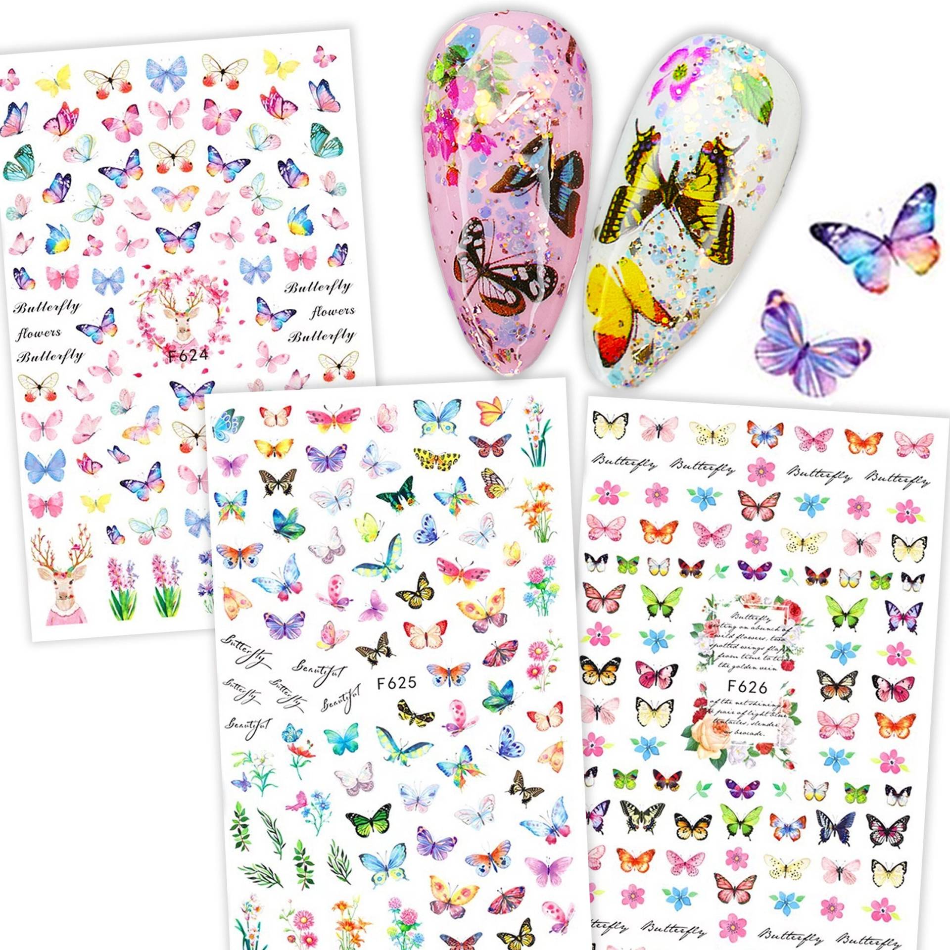 3 Große Bögen Feen-Schmetterling-Nagelkunstaufkleber | Beste Schmetterlings - Und Blumennägel Zum Selbermachen Niedlicher Trendiger von NailQueenNYC