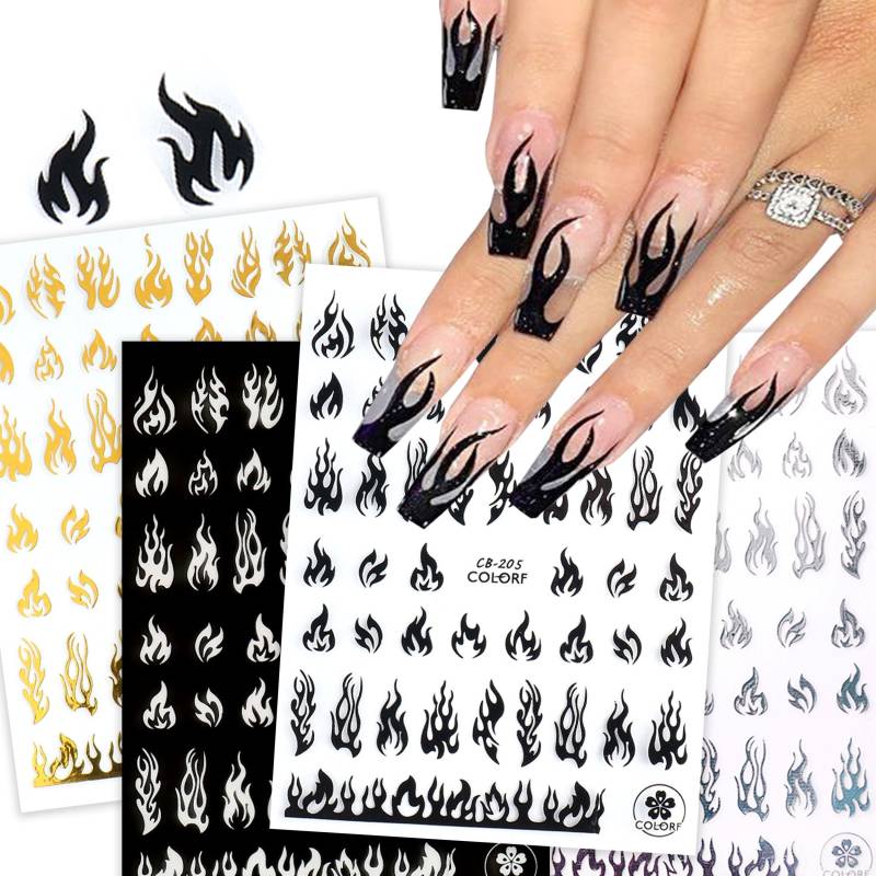 4 Blatt Feuer Flammen Nail Art Sticker - Schwarz, Weiß, Gold & Silber 3D Holographic Flame Decals Zubehör von NailQueenNYC