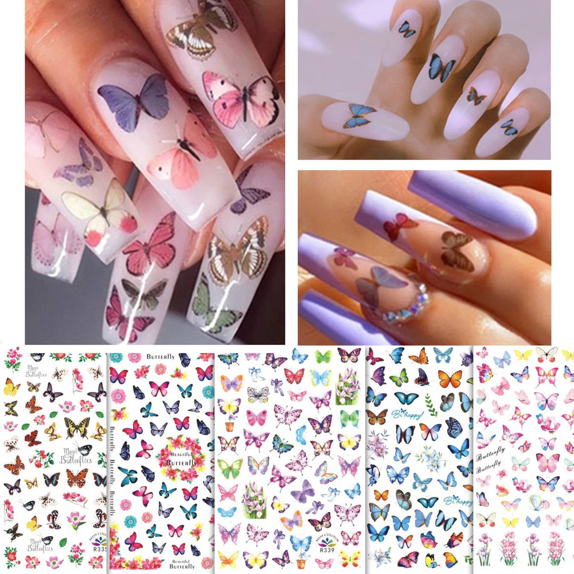 5 Blatt Schmetterling Nail Art Sticker | Rosa Blau Lila Mit Schönen Frühlingsblumen Frühling Sommer Decals von NailQueenNYC