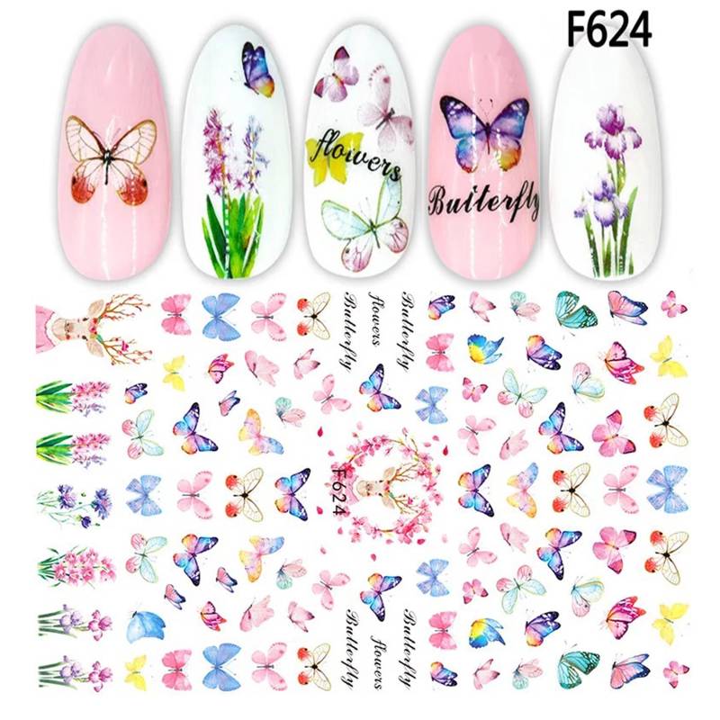 Frühling Schmetterling Nail Art Sticker | Farbverlauf Rosa Lila & Garten Selbstklebende Nagelabziehbilder Große Blätter Wraps von NailQueenNYC