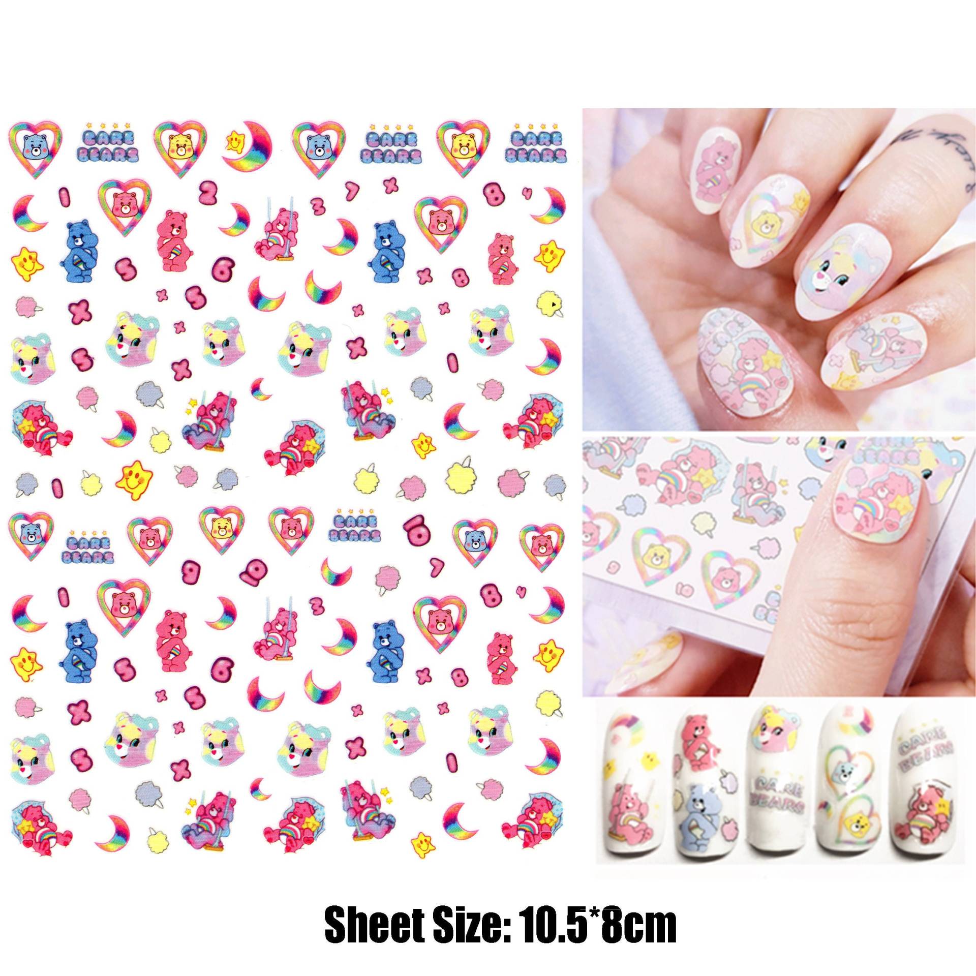 Regenbogen Pink Teddy Bear Nail Art Sticker | Niedliche Baby Gummibärchen & Mond Nagel Abziehbilder Pop Blau Nageldesign von NailQueenNYC