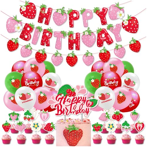 Naimo Erdbeer-Partydekorationen mit Happy Birthday Banner hängende Wirbel Luftschlangen Kuchen Topper Latex Ballons Partyzubehör für Frauen Mädchen von Naimo