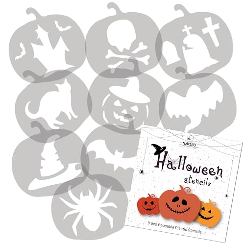 NAKLEO Halloween Plätzchen Dekoration Schablonen Set, 9 Stück 9x9cm Kürbis Geist Spinne Fledermaus, Wiederverwendbare Plastik Backschablone Dekorieren DIY, Kekse Gebäck Kuchen Glasur Küche Torten von Nakleo