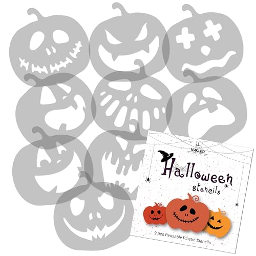 NAKLEO Halloween Plätzchen Dekoration Schablonen Set, 9 Stück 9x9cm Gruselige Kürbisse, Wiederverwendbare Plastik Backschablone Dekorieren DIY, Kekse Gebäck Kuchen Glasur Küche Torten von Nakleo